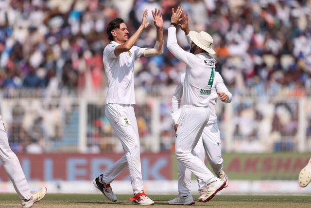Marco Jansen of South Africa took wicket of KL Rahul of India by LBW and celebrates with Aiden Markram of South Africa  during the IDFC First Bank Test Day 3 match India vs South Africa at Eden Gardens, Kolkata, India, 16th November 2025

(Photo by Shubhajit Roy Karmakar/News Images)