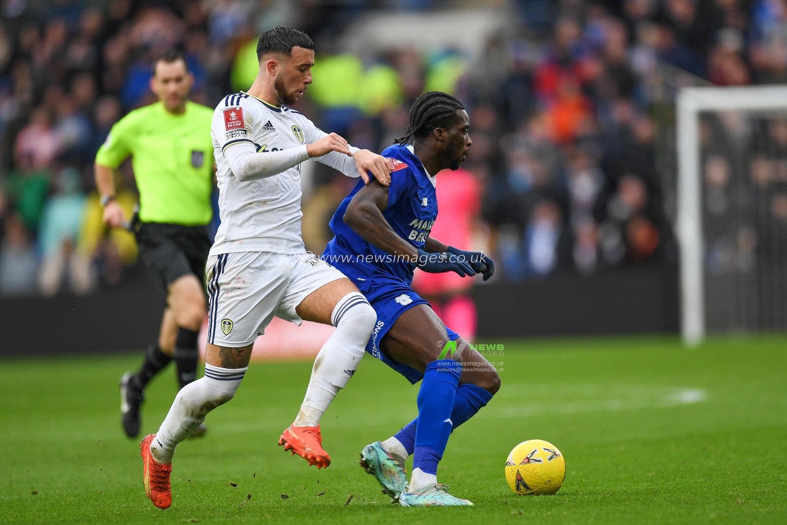 Sheyi Ojo #10 of Cardiff City  under pressure from Sam Greenwood #42 of Leeds United  during the Emirates FA Cup Third Round match Cardiff City vs Leeds United at Cardiff City Stadium, Cardiff, United Kingdom, 8th January 2023

(Photo by Mike Jones/News Images)