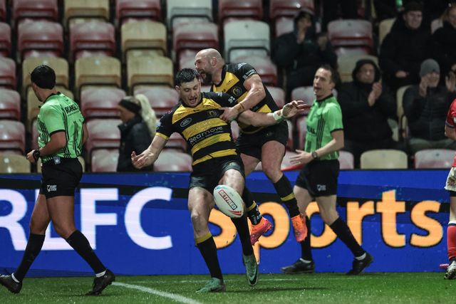 Sam Wood of York Knights celebrates the opening try off the 2026 season and Yorks first ever Super League try as the take the lead 4-0 during the Betfred Super League Round 1 match York Knights vs Hull KR at LNER Community Stadium, Lincoln, United Kingdom on 12 February 2026

(Photo by Mark Cosgrove/News Images)