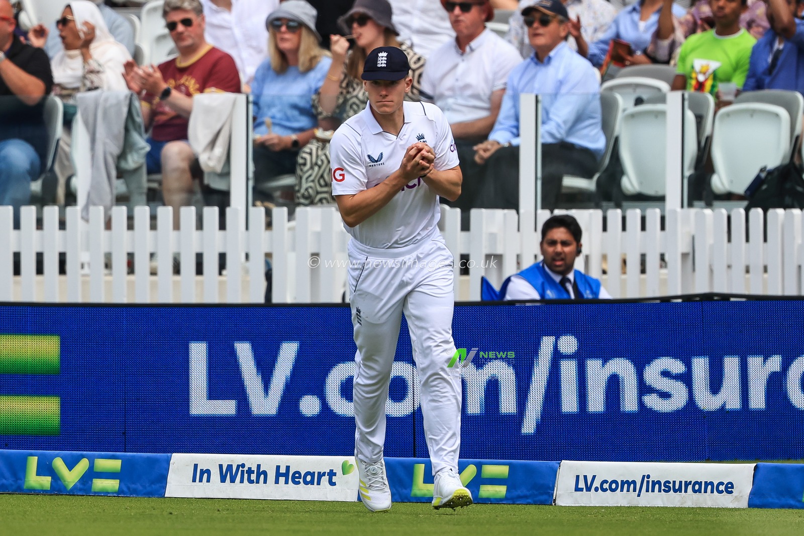 Matthew Potts of England catches Kyle Jamieson of New Zealand