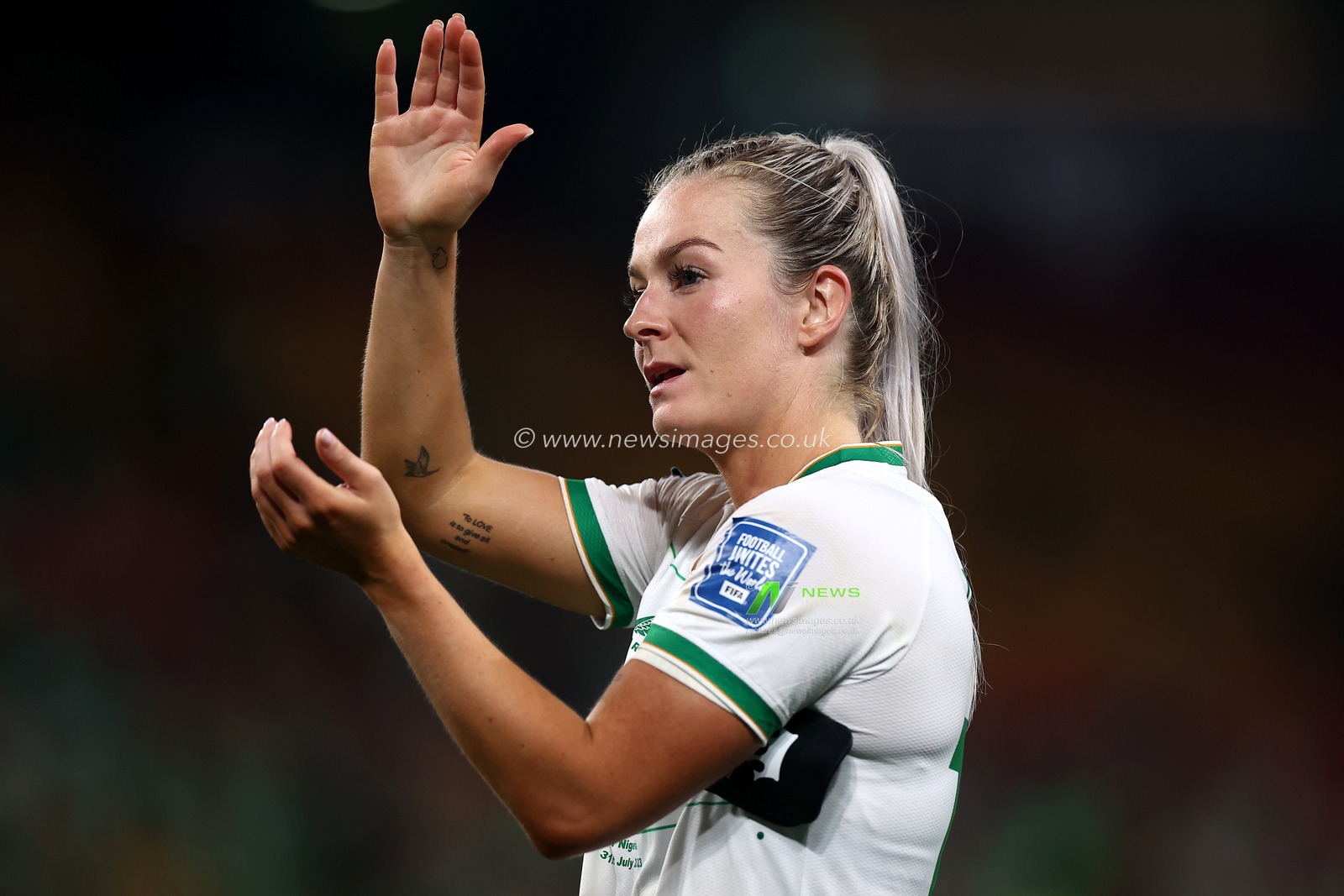 Lily Agg of Ireland applauds the crowd after the FIFA Women's World Cup 2023 Group B  match Ireland Women vs Nigeria Women at Suncorp Stadium, Brisbane, Australia, 31st July 2023

(Photo by Patrick Hoelscher/News Images)