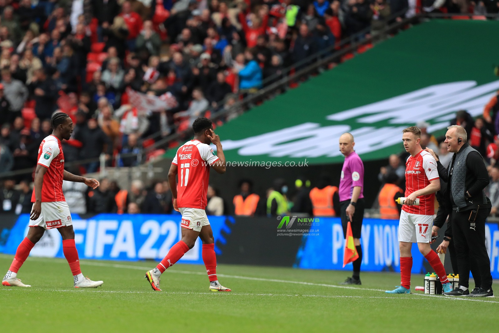 Chiedozie Ogbene #11 of Rotherham United calls for focus after his goal.