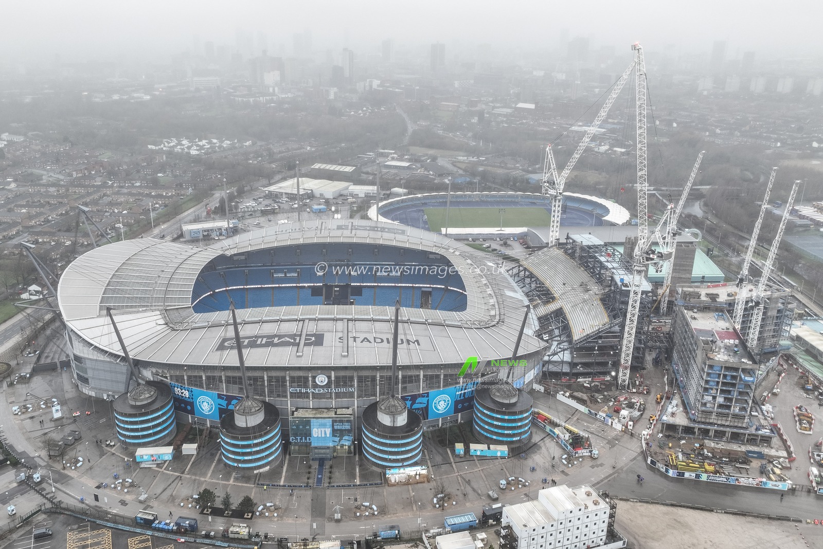 An aerial view of the Etihad Stadium ahead of the Premier League match Manchester City vs Manchester United at Etihad Stadium, Manchester, United Kingdom, 15th December 2024

(Photo by Mark Cosgrove/News Images)