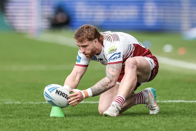 Adam Keighran of Wigan Warriors lines the ball up for a goal kick during the Betfred Challenge Cup Quarter Final match Wakefield Trinity vs Wigan Warriors at DIY Kitchens Stadium, Wakefield, United Kingdom on 12 April 2026

(Photo by Mark Cosgrove/News Images)
