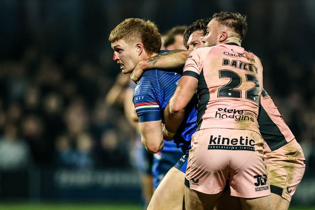 Caius Faatili of Wakefield Trinity is tackled during the Betfred Super League match Wakefield Trinity vs Hull FC at DIY Kitchens Stadium, Wakefield, United Kingdom on 05 March 2026

(Photo by Alfie Cosgrove/News Images)