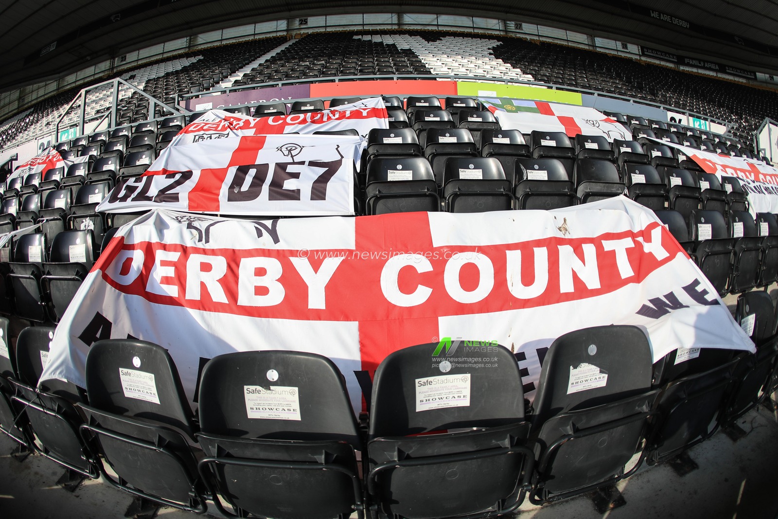 A Derby County flat strewn across an empty stand as todays game is played behind closed doors