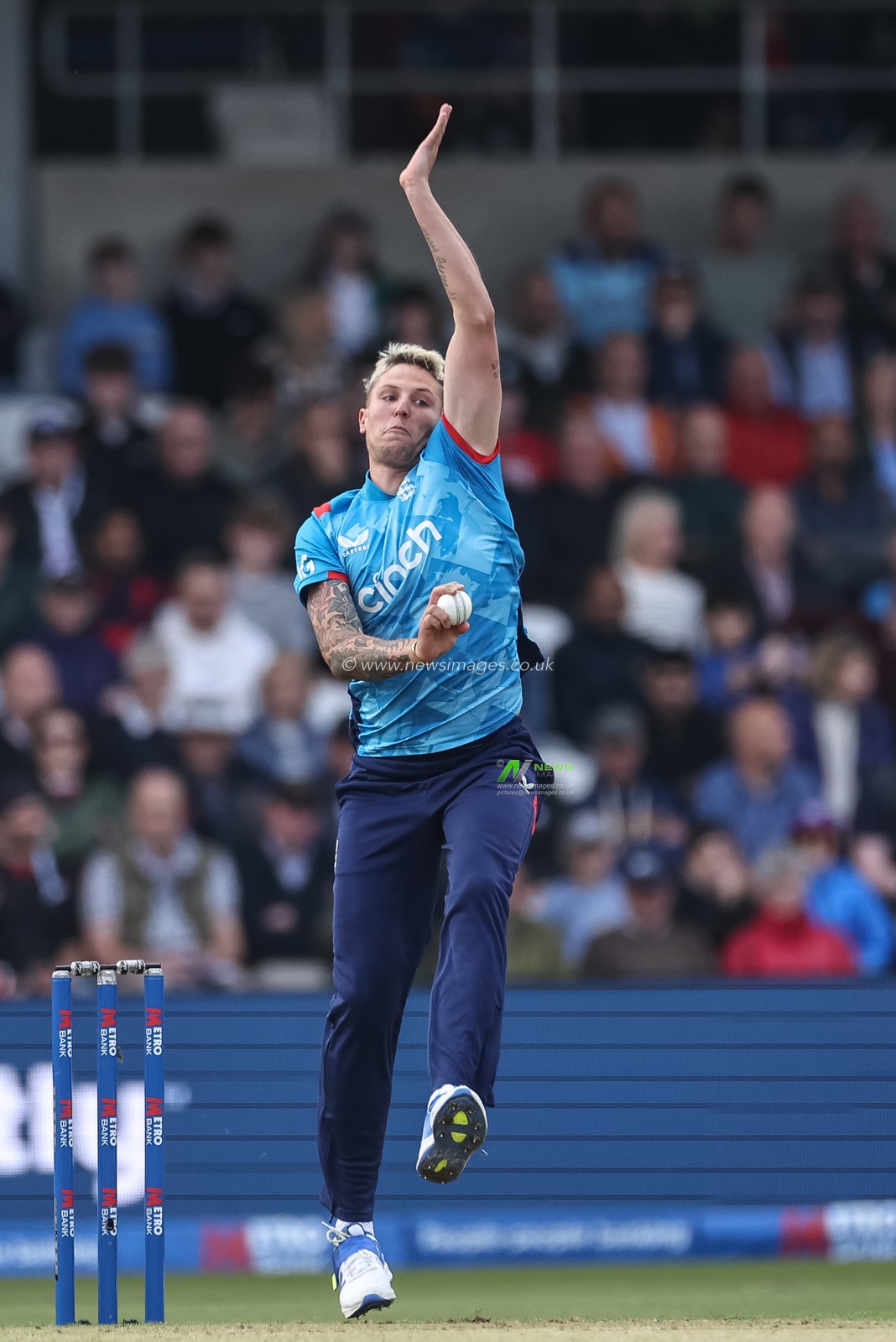 Brydon Carse of England delivers the ball during the Second Metro Bank One Day International England v Australia at Headingley Cricket Ground, Leeds, United Kingdom, 21st September 2024

(Photo by Mark Cosgrove/News Images)