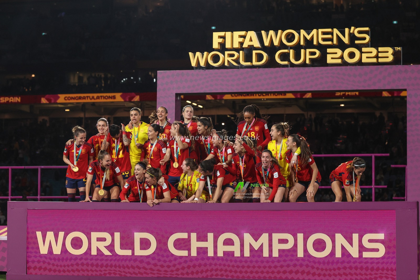 Spain prepare to lift the trophy during the FIFA Women's World Cup 2023 Final match Spain Women vs England Women at Stadium Australia, Sydney, Australia, 20th August 2023

(Photo by Patrick Hoelscher/News Images)