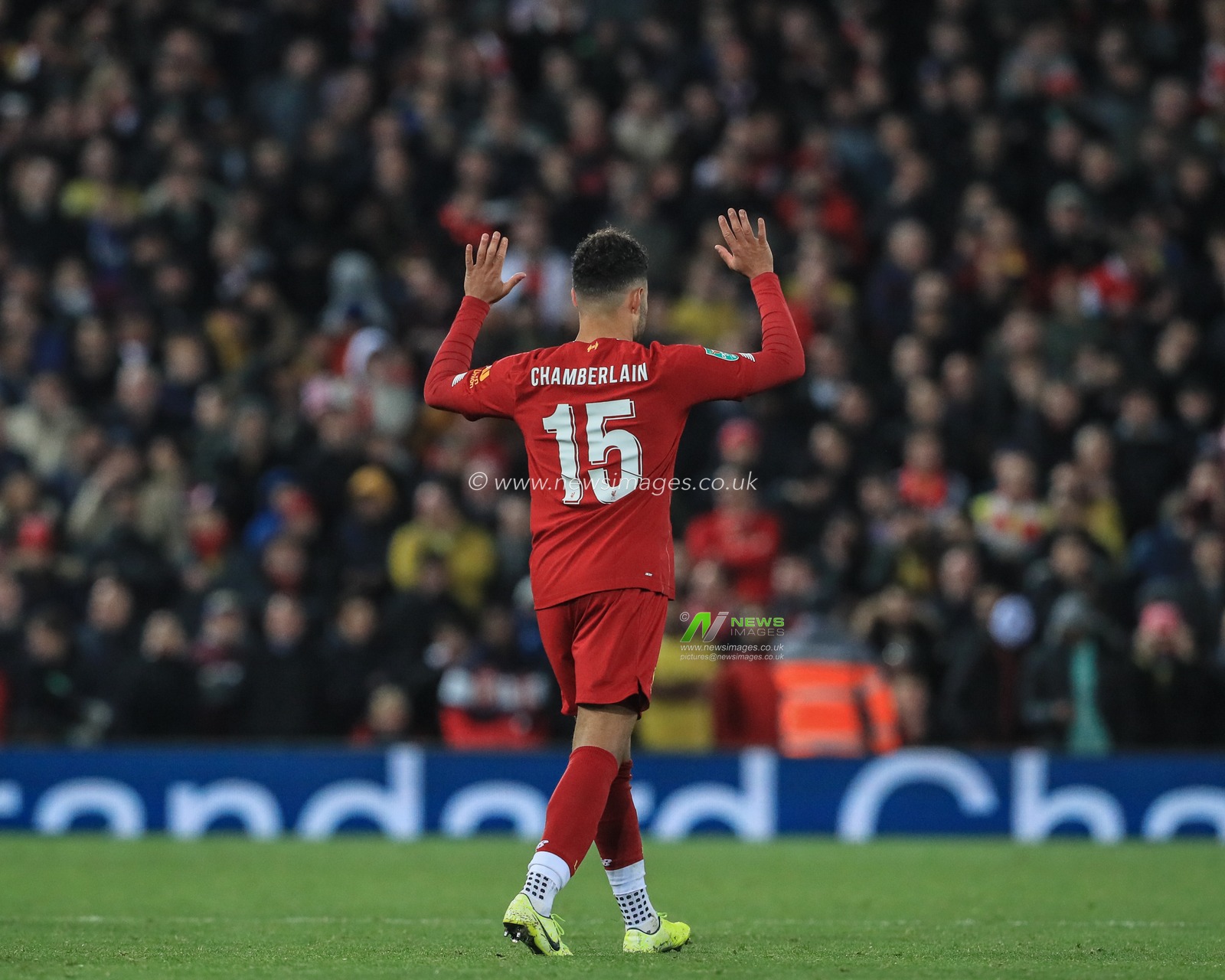 30th October 2019, Anfield, Liverpool, England; Carabao Cup, Liverpool v Arsenal : Alex Oxlade-Chamberlain (15) of Liverpool celebrates his goal to make it 3-4

Credit: Mark Cosgrove/News Images