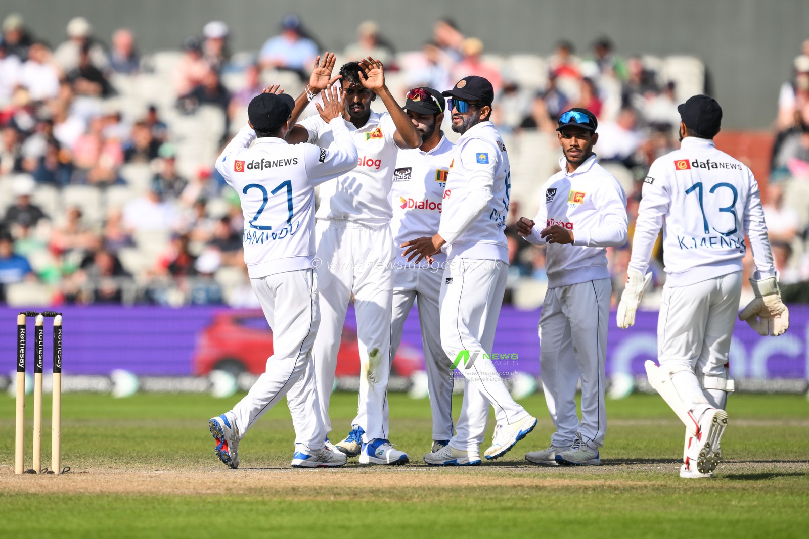 Milan Rathnayake of Sri Lanka celebrates taking the wicket of Dan Lawrence of England LBWduring the England Men v Sri Lanka 1st Rothesay Test Match Day 4 at Old Trafford, Manchester, United Kingdom, 24th August 2024

(Photo by Craig Thomas/News Images)