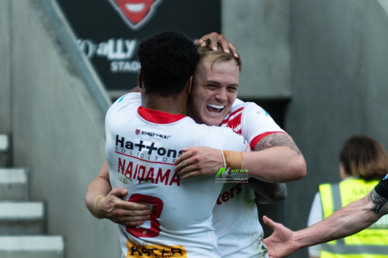 22nd April 2019 , Totally Wicked Stadium, St Helens, England;  Betfred Super League, Round 12, St Helens vs Hull FC, Adam Swift of St Helens celebrates his try

Credit: Richard Long/News Images