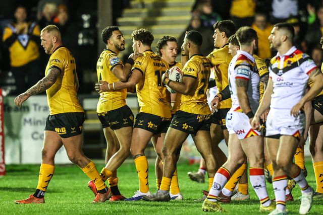 Jason Qareqare of Castleford Tigers celebrates his try during the Betfred Super League round 6 match Castleford Tigers vs Bradford Bulls at OneBore Stadium, Castleford, Untied Kingdom on 26 March 2026

(Photo by Alfie Cosgrove/News Images)