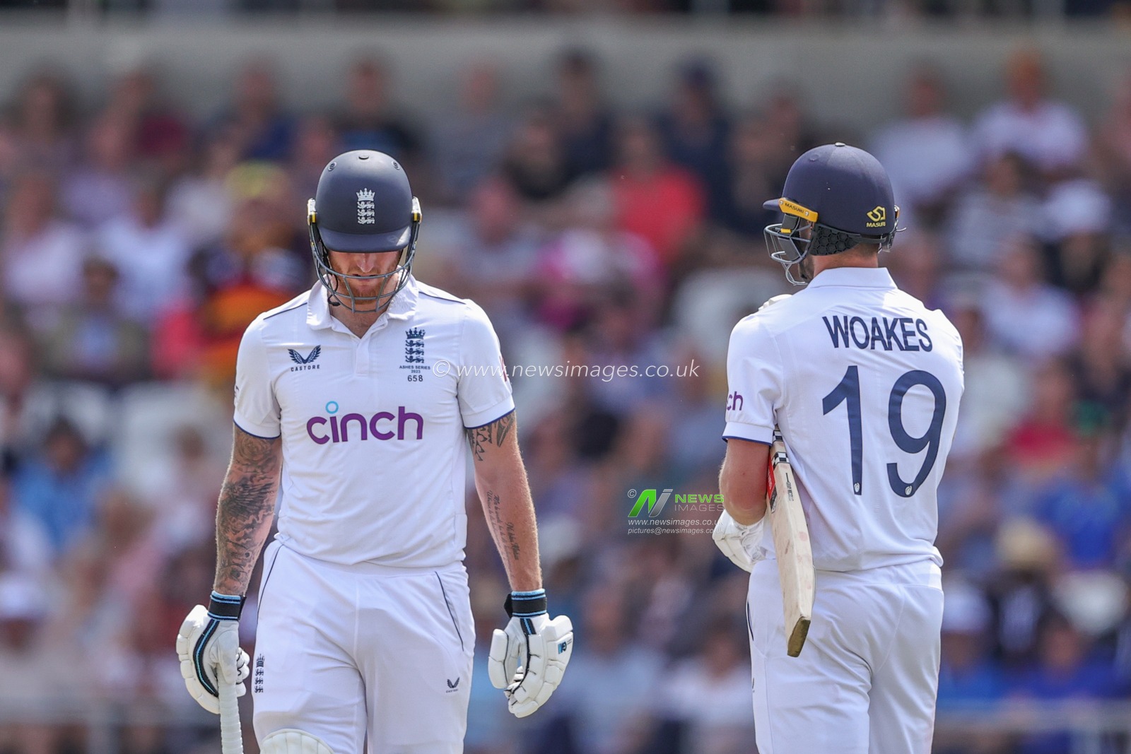 Chris Woakes of England speaks to Ben Stokes of England as they review his ball out during the LV= Insurance Ashes Third Test Series Day 2 England v Australia at Headingley Stadium, Leeds, United Kingdom, 7th July 2023

(Photo by Mark Cosgrove/News Images)