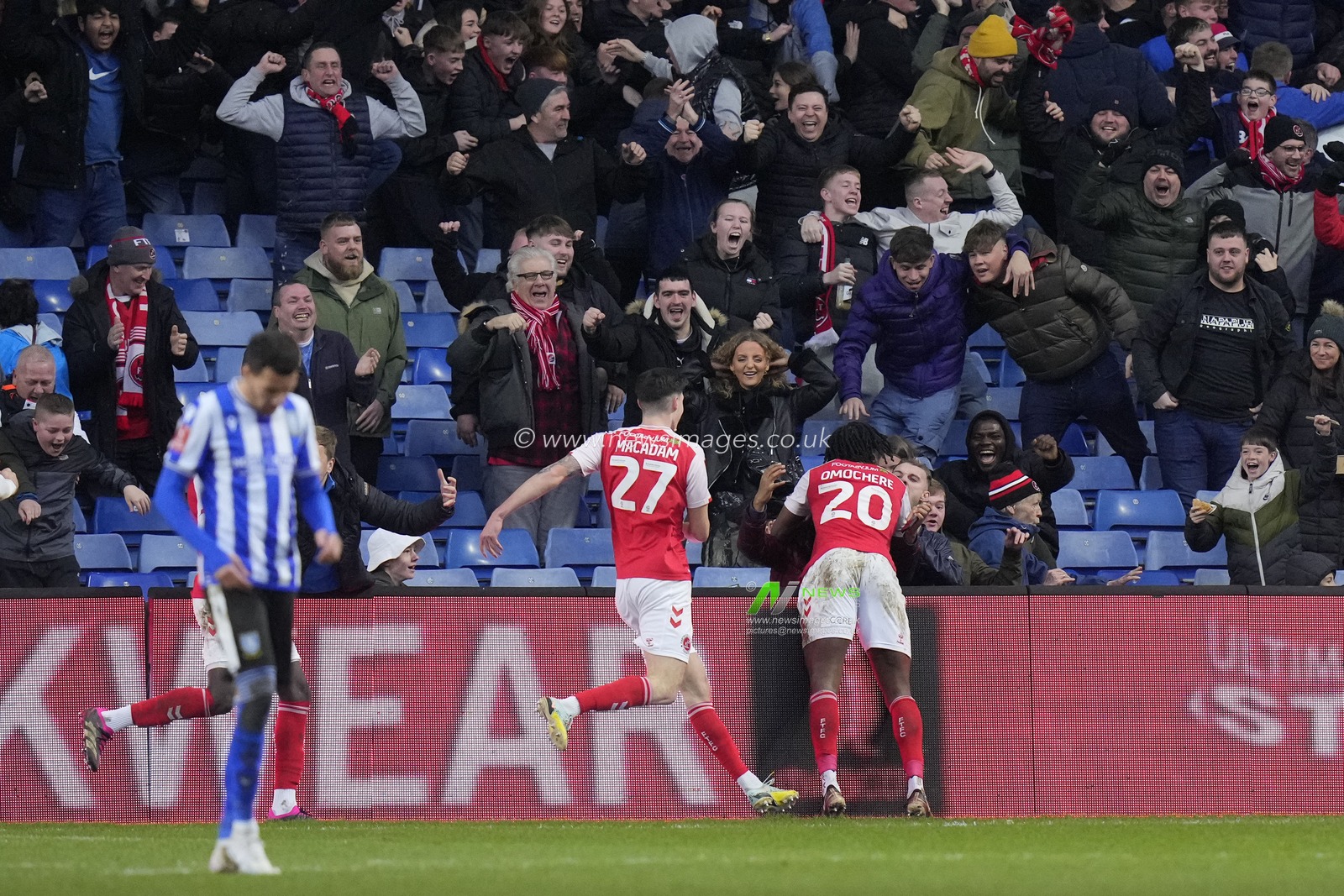 Promise Omochere #20 of Fleetwood Town celebrates after he scores a goal to make it 0-1 during the Emirates FA Cup Fourth Round match Sheffield Wednesday vs Fleetwood Town at Hillsborough, Sheffield, United Kingdom, 28th January 2023

(Photo by Steve Flynn/News Images)