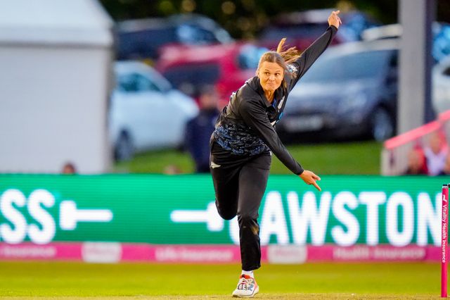 Jess Kerr of New Zealand bowls during the England Women v New Zealand 1st Vitality IT20 match at The Central Co-Op County Ground, Derby, United Kingdom on 20 May 2026

(Photo by Maynard Manyowa/News Images)