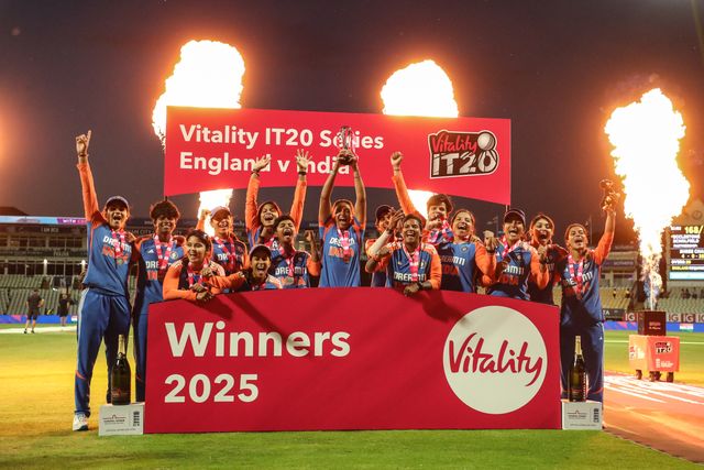 India lift the trophy after winning the series 2-3  during the 5th Vitality IT20 England Women vs India Women at Edgbaston, Birmingham, United Kingdom, 12th July 2025

(Photo by Izzy Poles/News Images)