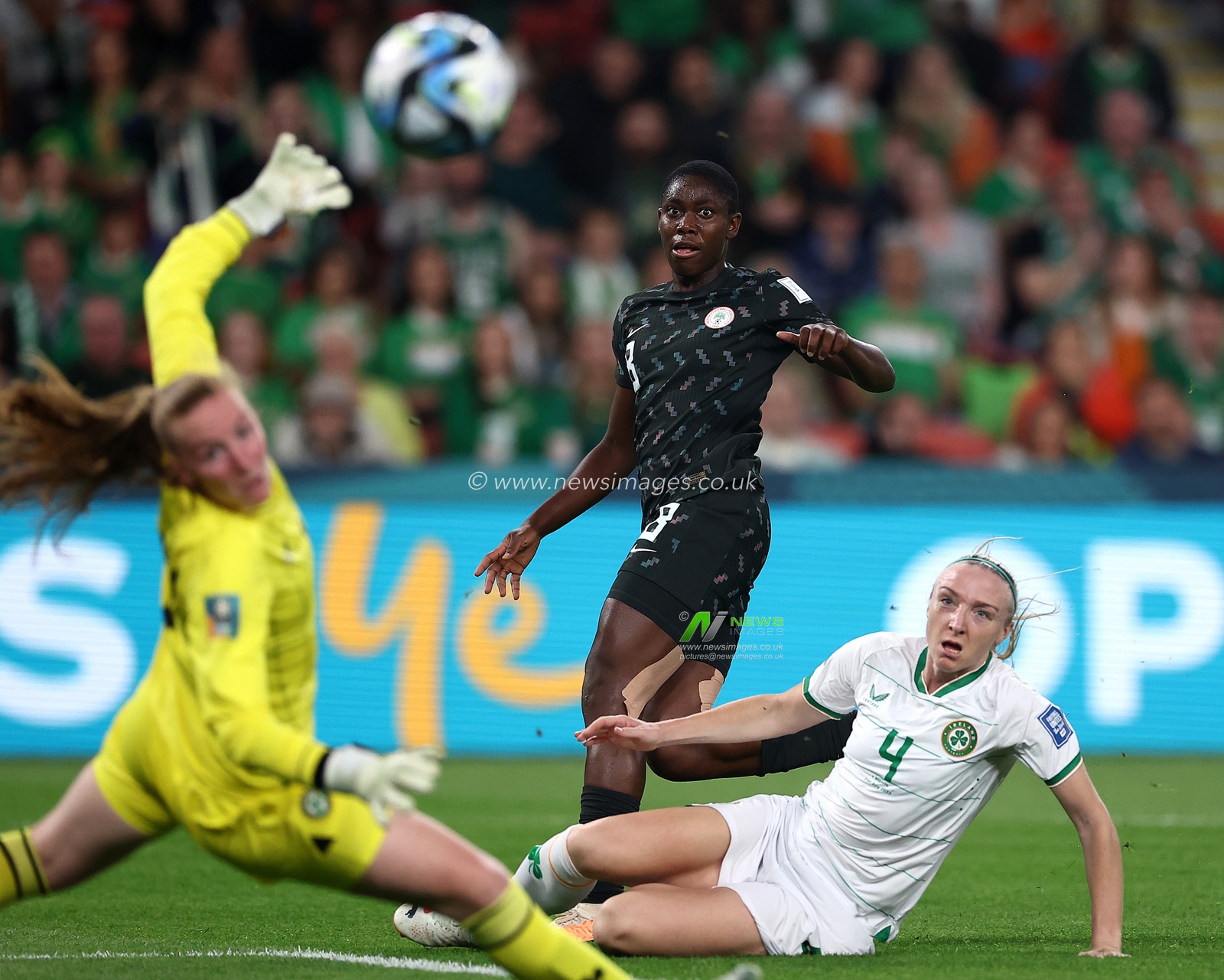 Asisat Oshoala of Nigeria shoots during the FIFA Women's World Cup 2023 Group B  match Ireland Women vs Nigeria Women at Suncorp Stadium, Brisbane, Australia, 31st July 2023

(Photo by Patrick Hoelscher/News Images)