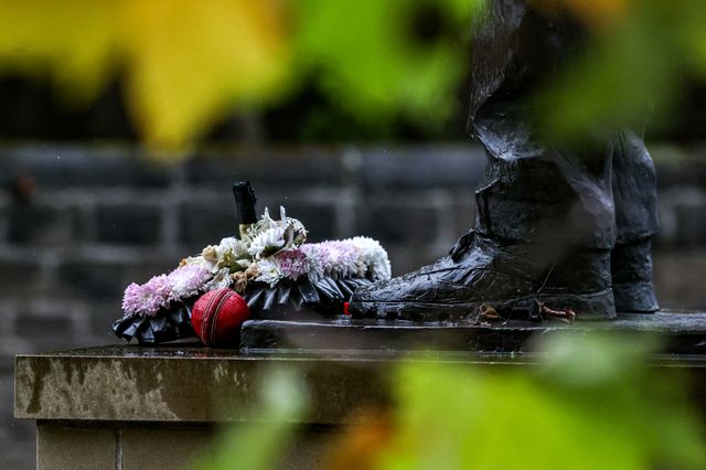A cricket ball with the message RIP Dickie from Elsecar Cricket Club is placed on The Harold Dennis “Dickie” Bird OBE Statue during the Funeral of Harold Dennis “Dickie” Bird OBE at St Mary's Church, Barnsley, United Kingdom, 19th October 2025

(Photo by Alfie Cosgrove/News Images)