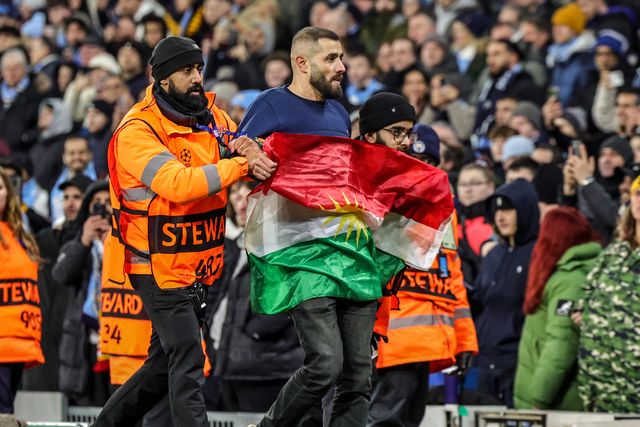 Protesters breach the field during the UEFA Champions League Matchday 8 of 8 match Manchester City vs Galatasaray at City of Manchester Stadium, Manchester, United Kingdom on 28 January 2026

(Photo by Mark Cosgrove/News Images)