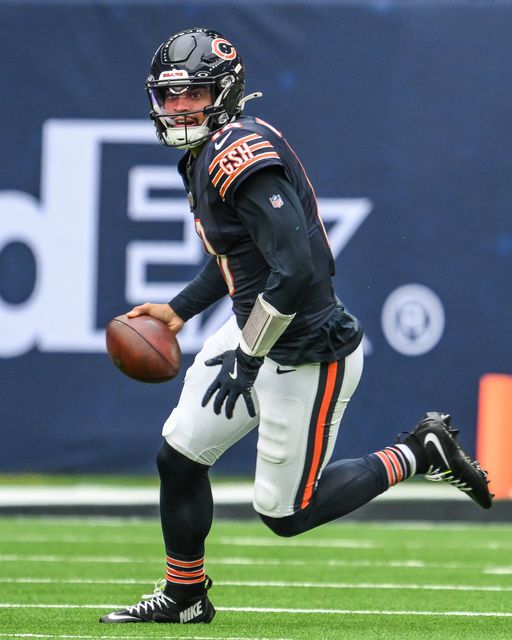 Caleb Williams of the Chicago Bears escapes the pocket during the Week 6 match Chicago Bears vs Jacksonville Jaguars at Tottenham Hotspur Stadium, London, United Kingdom, 13th October 2024

(Photo by Craig Thomas/News Images)