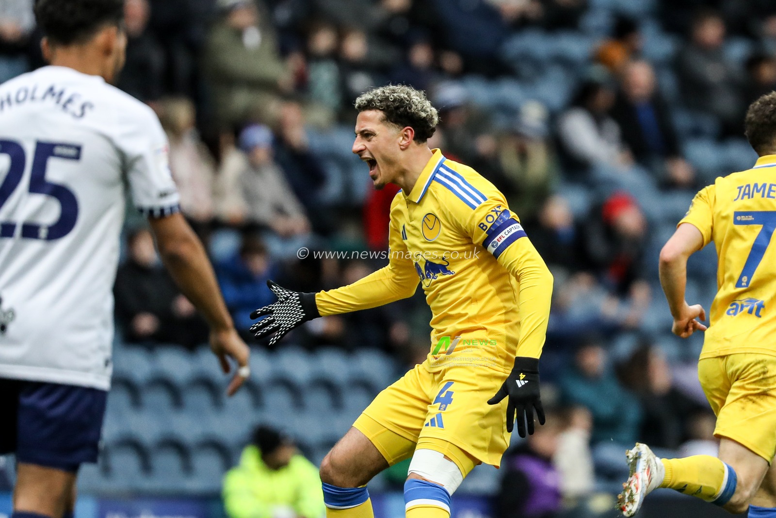 Ethan Ampadu of Leeds United celebrating Leeds Unitedâ€™s late equalisers during the Sky Bet Championship match Preston North End vs Leeds United at Deepdale, Preston, United Kingdom, 14th December 2024

(Photo by Jorge Horsted/News Images)