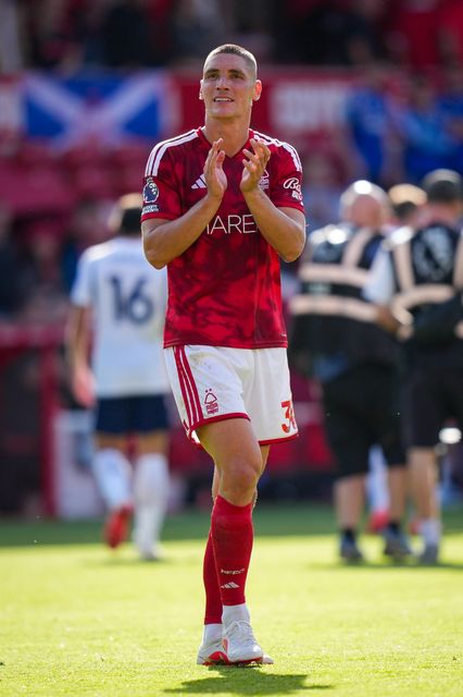 Nikola Milenković of Nottingham Forest applauds the fans after the final whistle  during the Premier League match Nottingham Forest vs Tottenham Hotspur at City Ground, Nottingham, United Kingdom on 05 September 2026

(Photo by Maynard Manyowa/News Images)