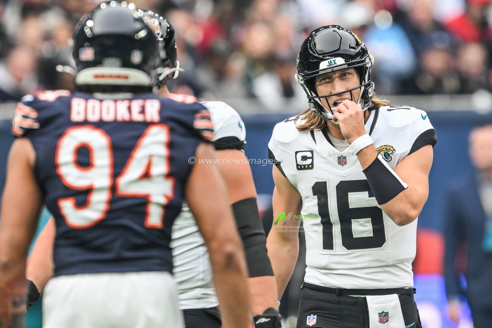 Trevor Lawrence of the Jacksonville Jaguars during the Week 6 match Chicago Bears vs Jacksonville Jaguars at Tottenham Hotspur Stadium, London, United Kingdom, 13th October 2024

(Photo by Craig Thomas/News Images)