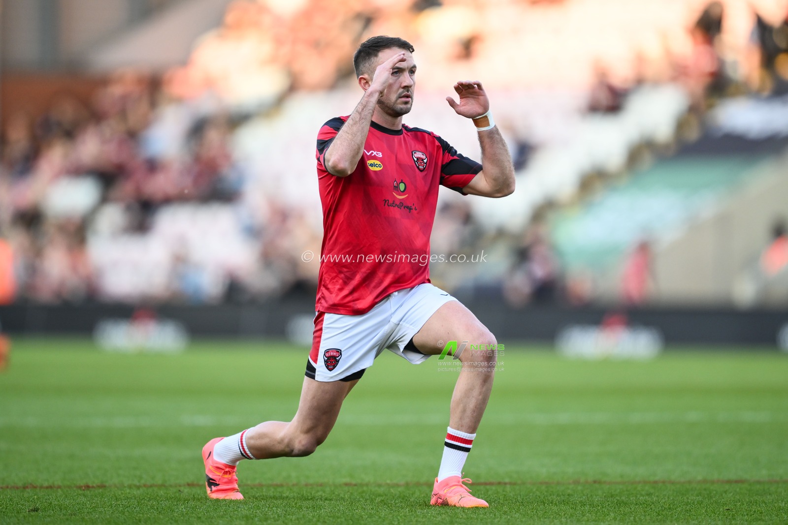Ryan Brierley of Salford Red Devils stretches during pre match warm up ahead of the Betfred Super League Round 11 match Leigh Leopards vs Salford Red Devils at Leigh Sports Village, Leigh, United Kingdom, 10th May 2024

(Photo by Craig Thomas/News Images)
