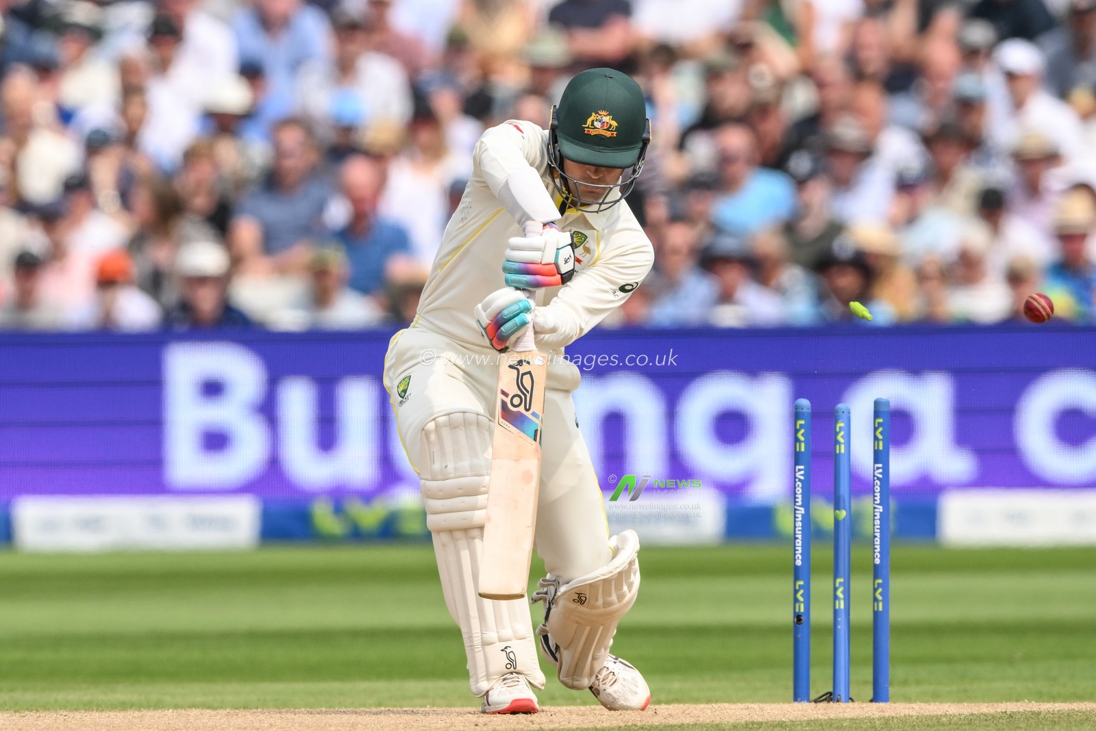 Alex Carey of Australia is bowled by James Anderson of England during the LV= Insurance Ashes First Test Series Day 3 England v Australia at Edgbaston, Birmingham, United Kingdom, 18th June 2023

(Photo by Craig Thomas/News Images)