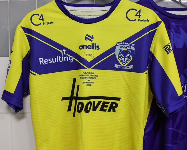 The match shirt of Paul Vaughan of Warrington Wolves who makes his 300th career appearance during the Betfred Super League Round 20 Leigh Leopards vs Warrington Wolves at Leigh Sports Village, Leigh, United Kingdom, 1st August 2025

(Photo by Mark Cosgrove/News Images)