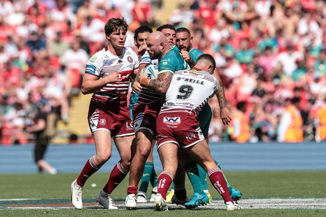 Sam Luckley of Hull KR is tackled by Brad O'Neill of Wigan Warriors during the Betfred Challenge Cup Final match Wigan Warriors vs Hull KR at Wembley Stadium, London, United Kingdom on 30 May 2026

(Photo by Mark Cosgrove/News Images)
