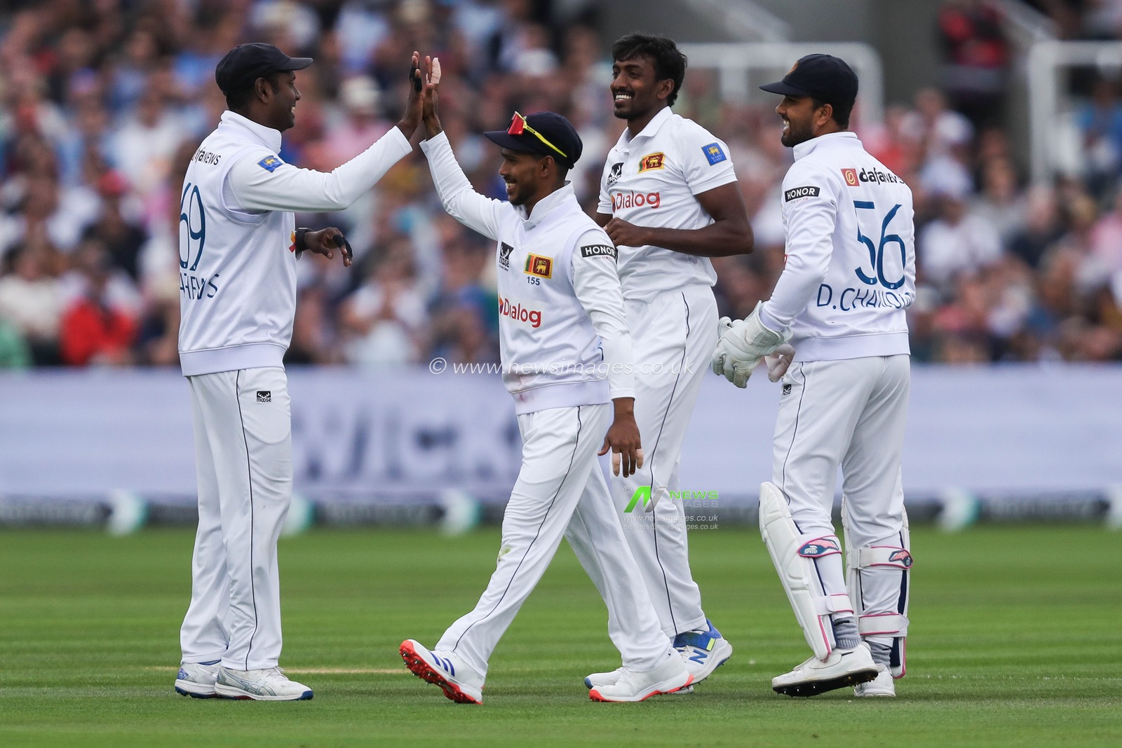 Milan Rathnayake of Sri Lanka celebrates with teammates after dismissing Ben Duckett of England during England v Sri Lanka 2nd Rothesay Test Match Day 3 at Lords, London, United Kingdom, 31st August 2024

(Photo by Izzy Poles/News Images)
