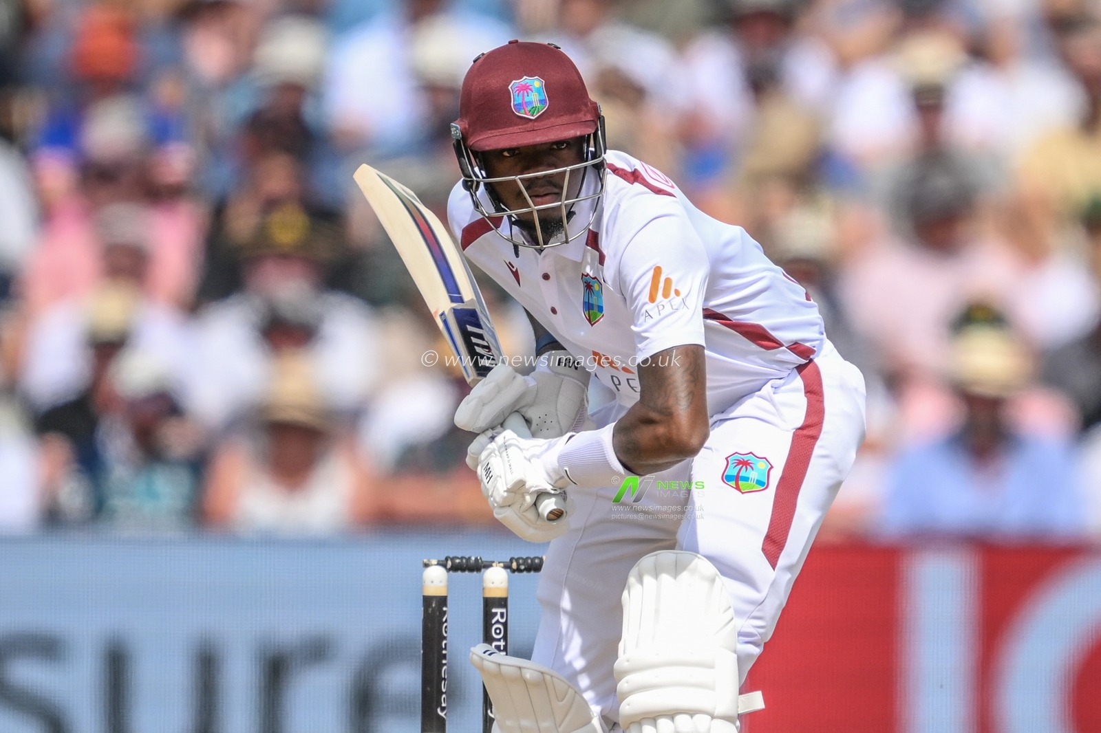 Alzarri Joseph of West Indies faces a delivery during the 3rd Rothesay Test Match Day 3 England vs West Indies at Edgbaston, Birmingham, United Kingdom, 28th July 2024

(Photo by Craig Thomas/News Images)