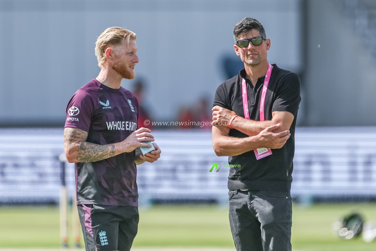 England captain Ben Stokes speaks to Sir Alastair Cook in the pre-game warm up session during the 1st Rothesay Test Match Day 2 England vs India at Headingley Cricket Ground, Leeds, United Kingdom, 21st June 2025

(Photo by Mark Cosgrove/News Images)