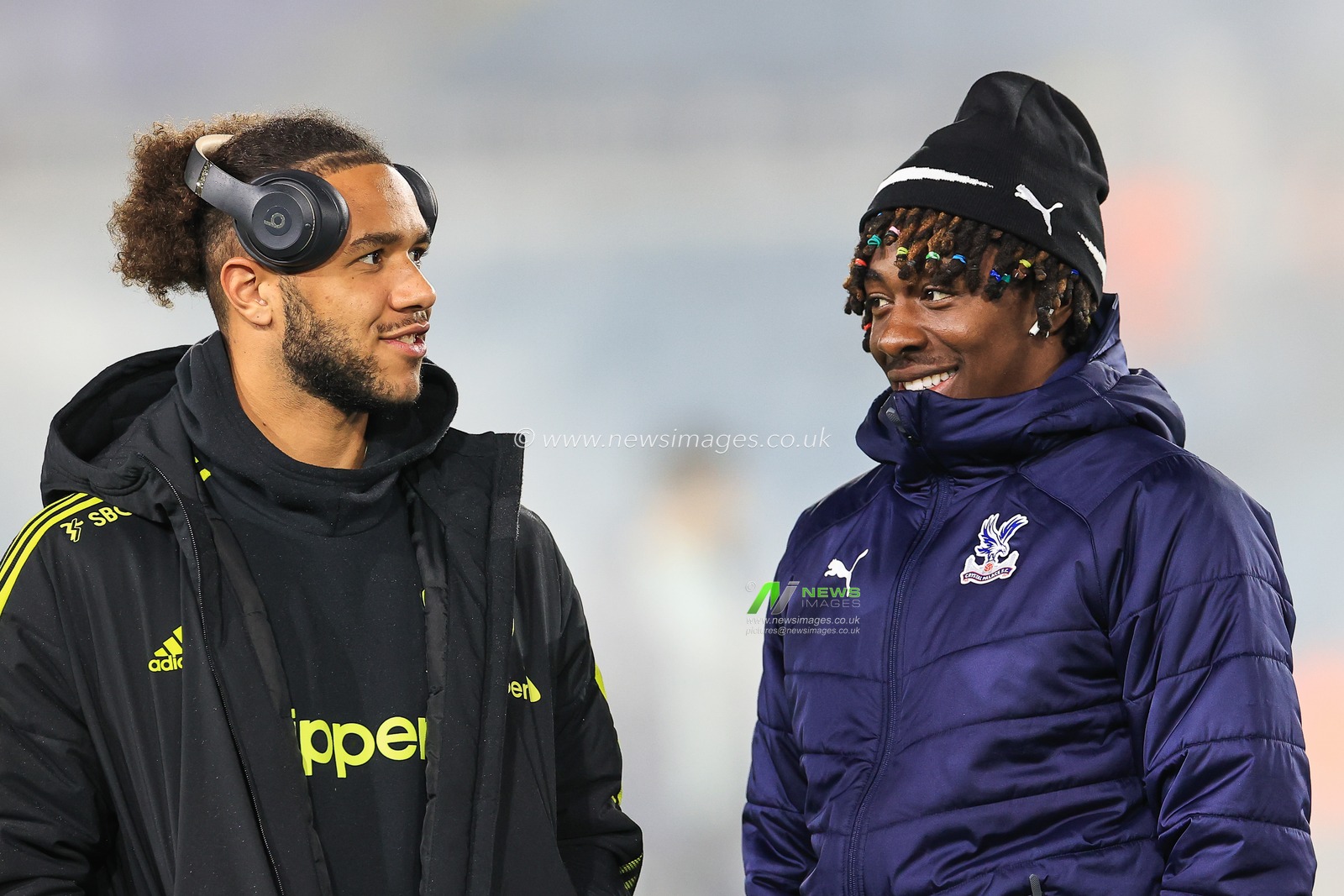 Tyler Roberts #11 of Leeds United and Eberechi Eze #10 of Crystal Palace talk before the game at Elland Road