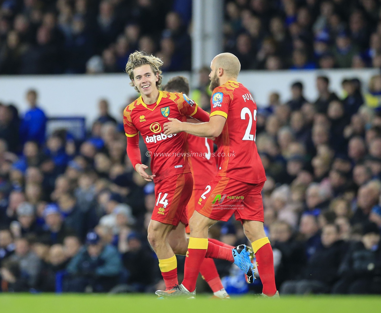 23rd November 2019, Goodison Park, Liverpool, England; Premier League, Everton v Norwich City : Todd Cantwell (14) of Norwich City celebrates his goal in the 55th minute with Teemu Pukki (22) making it 0-1 to Norwich

Credit: Conor Molloy/News Images