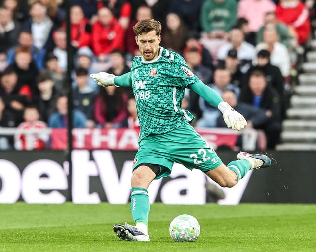 Sunderland goalkeeper Robin Roefs clears the ball during the Premier League match Sunderland vs Nottingham Forest at Stadium Of Light, Sunderland, United Kingdom on 24 April 2026

(Photo by Alfie Cosgrove/News Images)