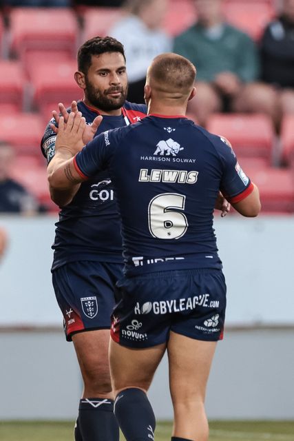 Rhyse Martin of Hull KR celebrates his try during the Betfred Super League Round 20 Salford Red Devils vs Hull KR at Salford Community Stadium, Eccles, United Kingdom, 31st July 2025

(Photo by Mark Cosgrove/News Images)