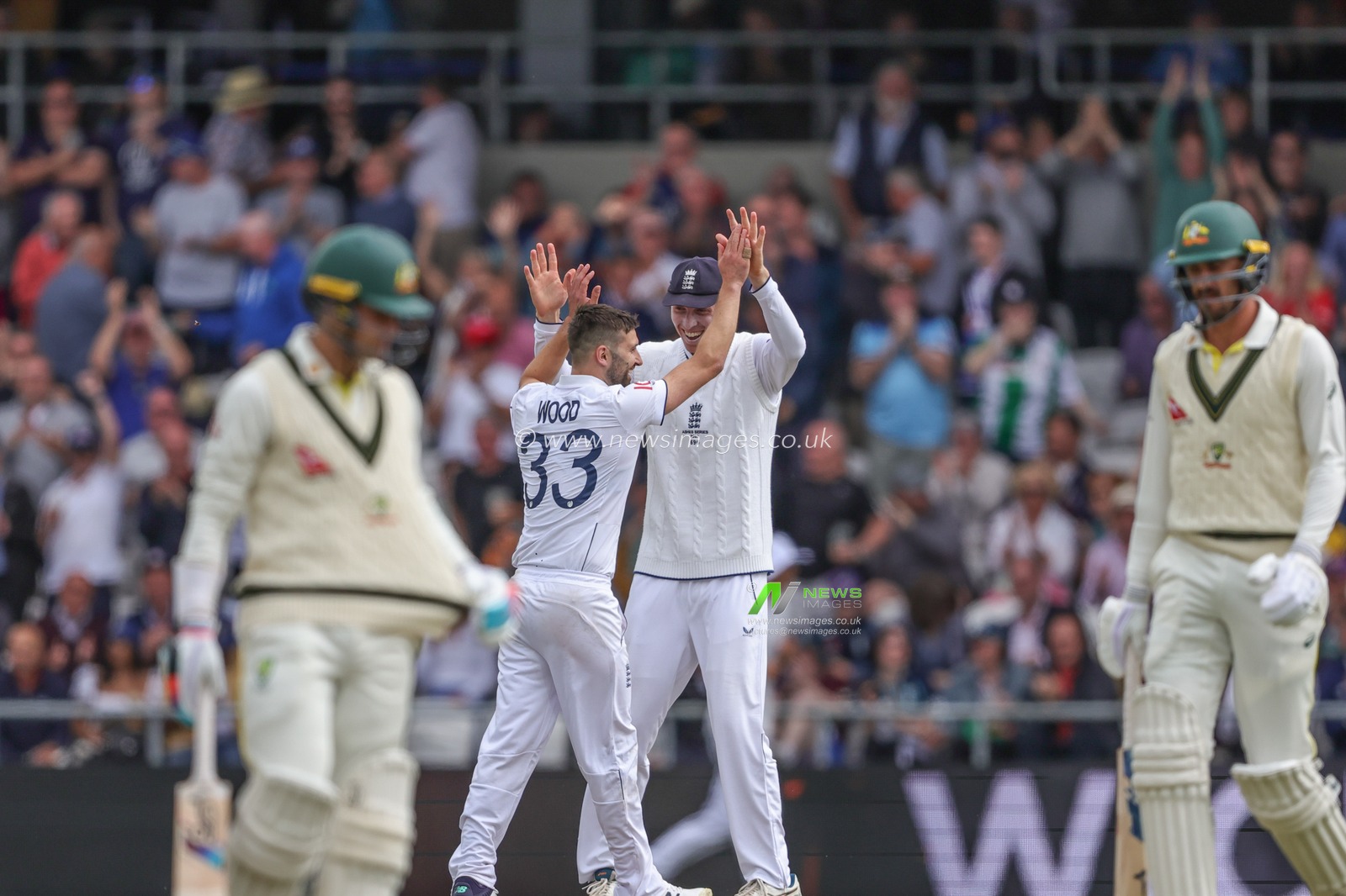 Mark Wood of England celebrates bowling out Mitchell Starc of Australia during the LV= Insurance Ashes Third Test Series Day 1 England v Australia at Headingley Stadium, Leeds, United Kingdom, 6th July 2023

(Photo by Mark Cosgrove/News Images)