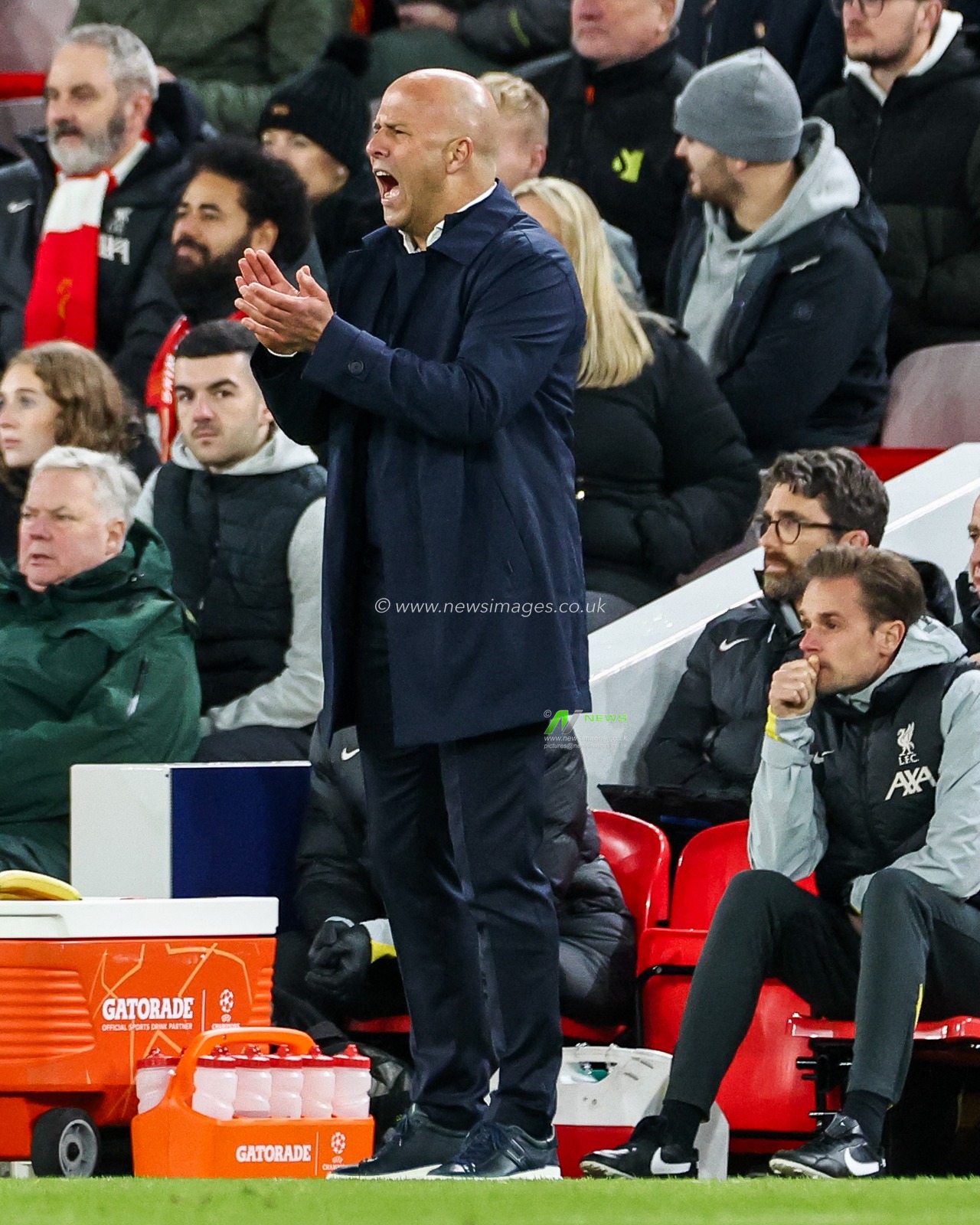 Arne Slot of Liverpool reacts during the UEFA Champions League, League Phase MD5 Liverpool v Real Madrid at Anfield, Liverpool, United Kingdom, 27th November 2024

(Photo by Mark Cosgrove/News Images)
