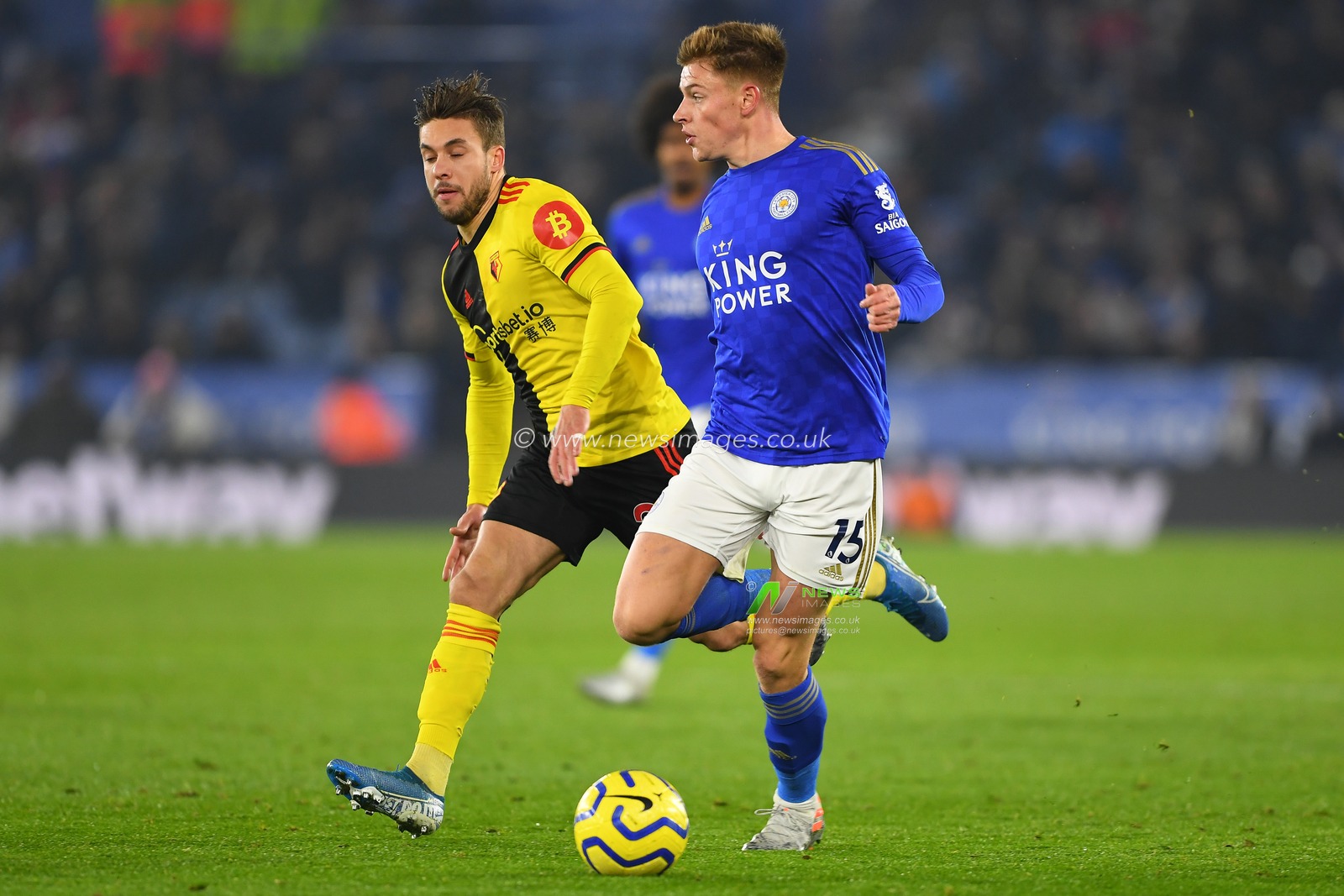 4th December 2019, King Power Stadium, Leicester, England; Premier League, Leicester City v Watford : Harvey Barnes (15) of Leicester City makes a run with Kiko Femenia (21) of Watford closing

Credit: Jon Hobley/News Images