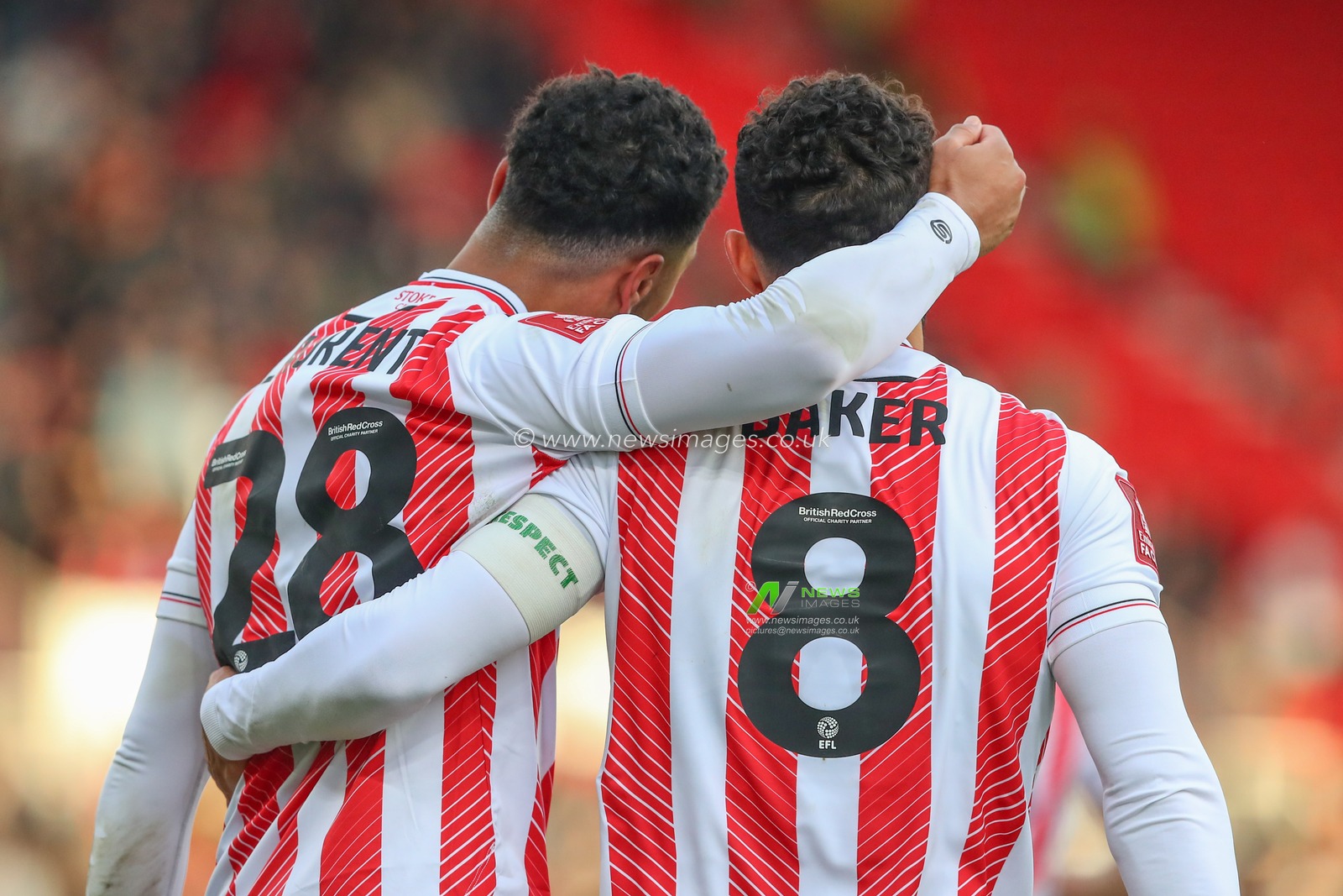 Josh Laurent #28 of Stoke City hugs Lewis Baker #8 of Stoke City after scoring a goal to make it 3-1 during the Emirates FA Cup fourth round match Stoke City vs Stevenage at Bet365 Stadium, Stoke-on-Trent, United Kingdom, 29th January 2023

(Photo by Gareth Evans/News Images)