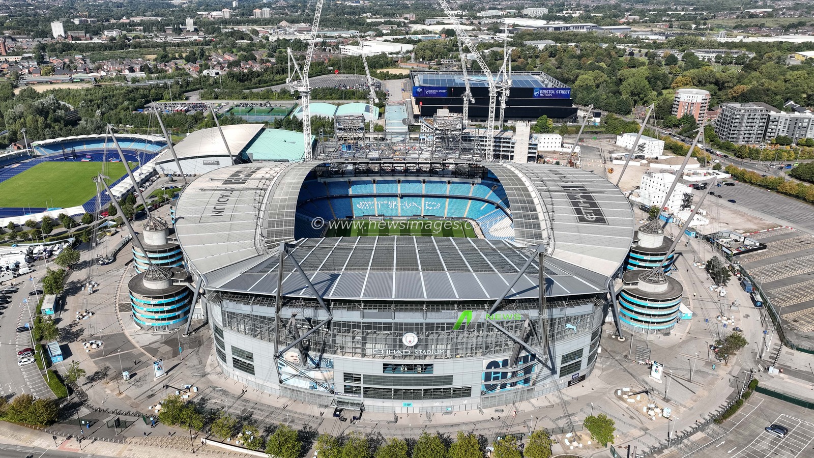 An aerial view of the Etihad Stadium and the constriction of the new stand during the UEFA Champions League league stage match Manchester City vs Inter Milan at Etihad Stadium, Manchester, United Kingdom, 18th September 2024

(Photo by Mark Cosgrove/News Images)