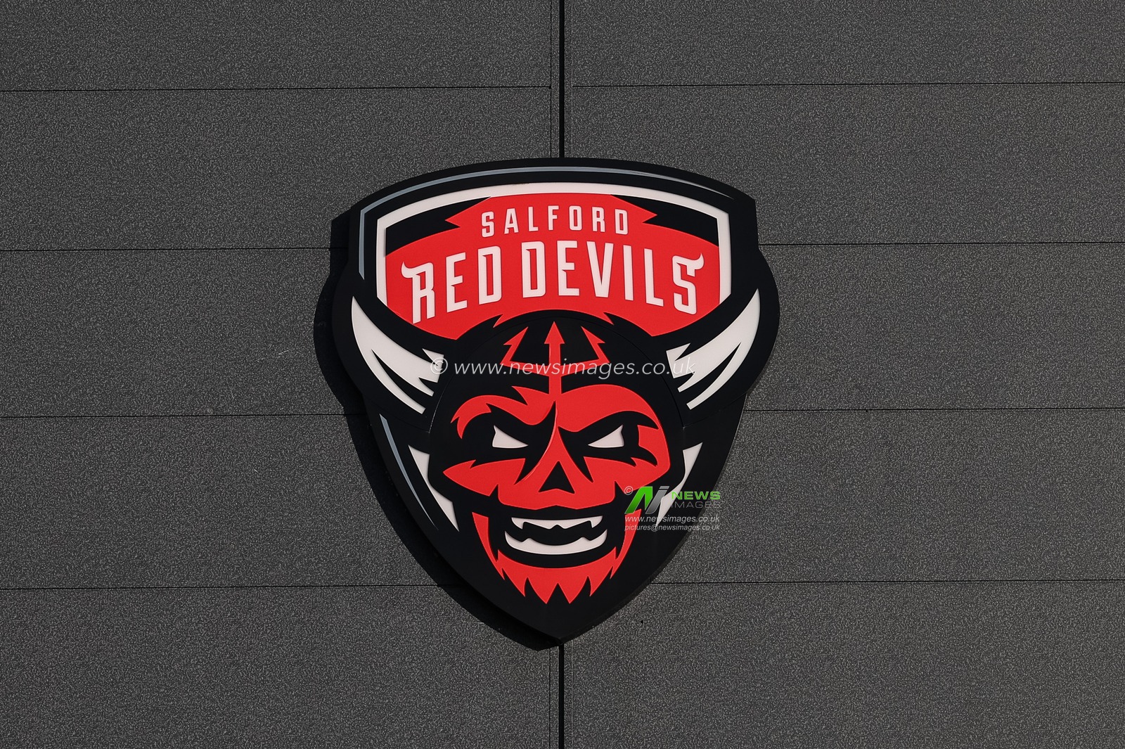 Salford Red Devils logo on the front of the stadium during the Betfred Super League play-off Eliminator 1 Salford Red Devils v Leigh Leopards at Salford Community Stadium, Eccles, United Kingdom, 27th September 2024

(Photo by Mark Cosgrove/News Images)