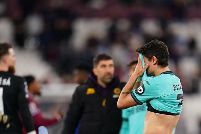 Hugo Bueno of Wolverhampton Wanderers at full time during the Premier League match West Ham United vs Wolverhampton Wanderers at London Stadium, London, United Kingdom on 10 April 2026

(Photo by Harvey Murphy/News Images)