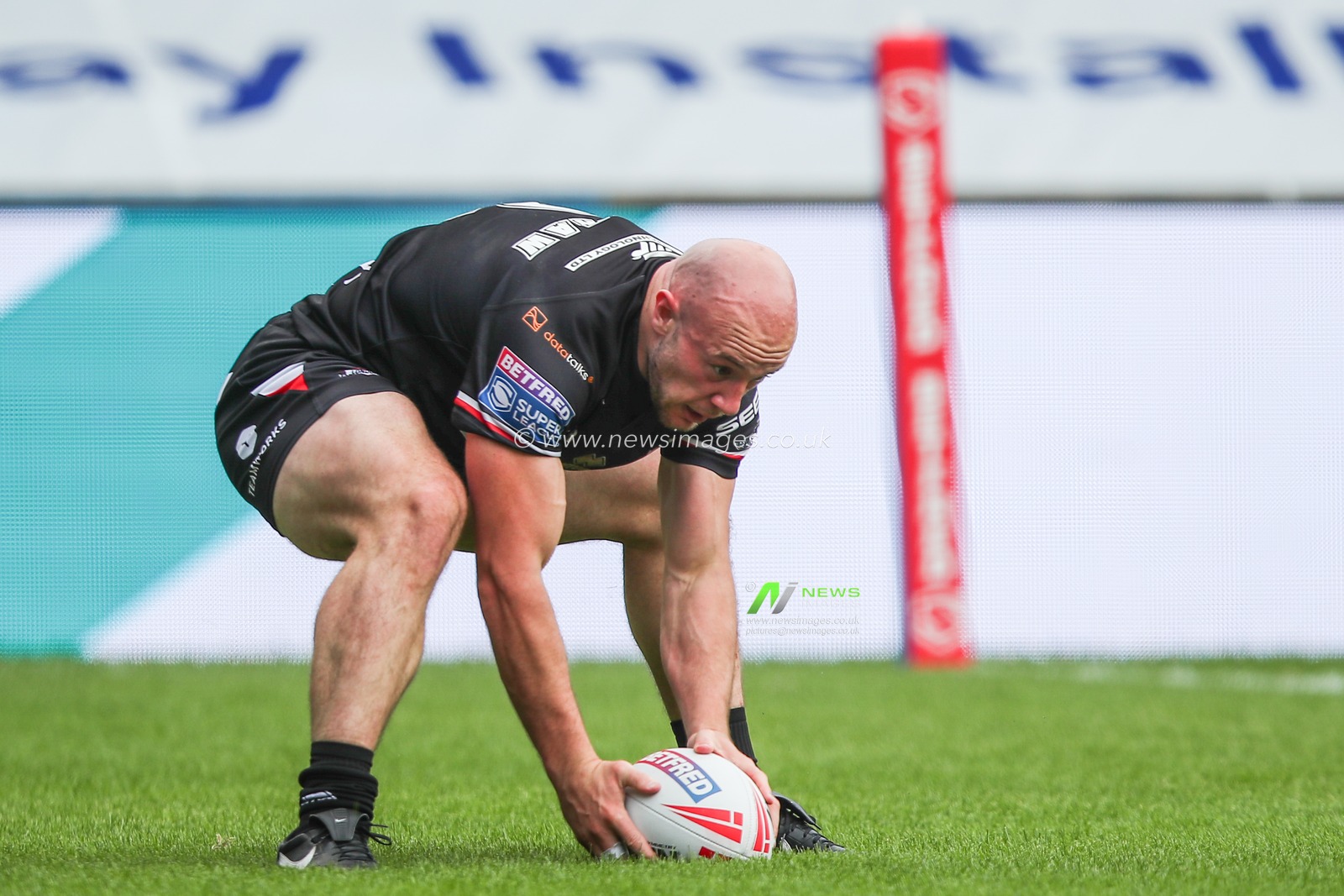 Lee Kershaw of London Broncos goes over for a try and makes the score 0-4 but is later ruled out during the Betfred Super League Round 13 match Salford Red Devils vs London Broncos at Salford Community Stadium, Eccles, United Kingdom, 2nd June 2024

(Photo by Gareth Evans/News Images)