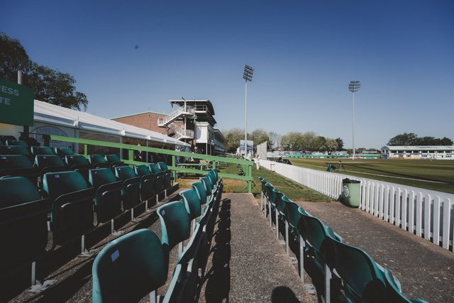 A general view of the seats and part of the main stand  at the ground before star of play during Leicestershire County Cricket Club vs Nottinghamshire County Cricket Club in Country Cricket Division One Day 1 at Grace Road, Leicester, United Kingdom on 01 May 2026

(Photo by Maynard Manyowa/News Images)