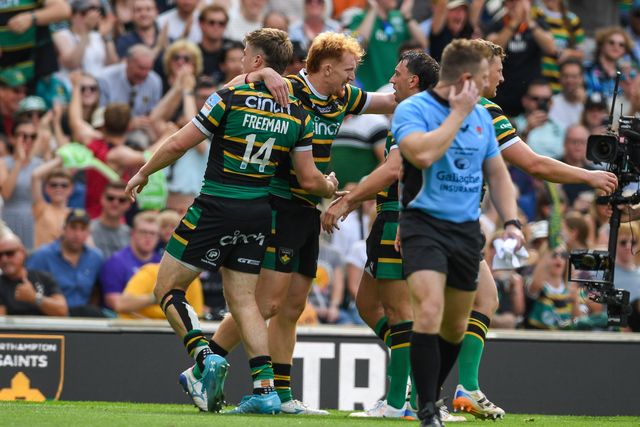 George Hendy of Northampton Saints celebrates his try during the Gallagher PREM Final match Northampton Saints vs Exeter Chiefs at Allianz Stadium, Twickenham, United Kingdom on 20 June 2026.

(Photo by Alex Williamson/News Images)