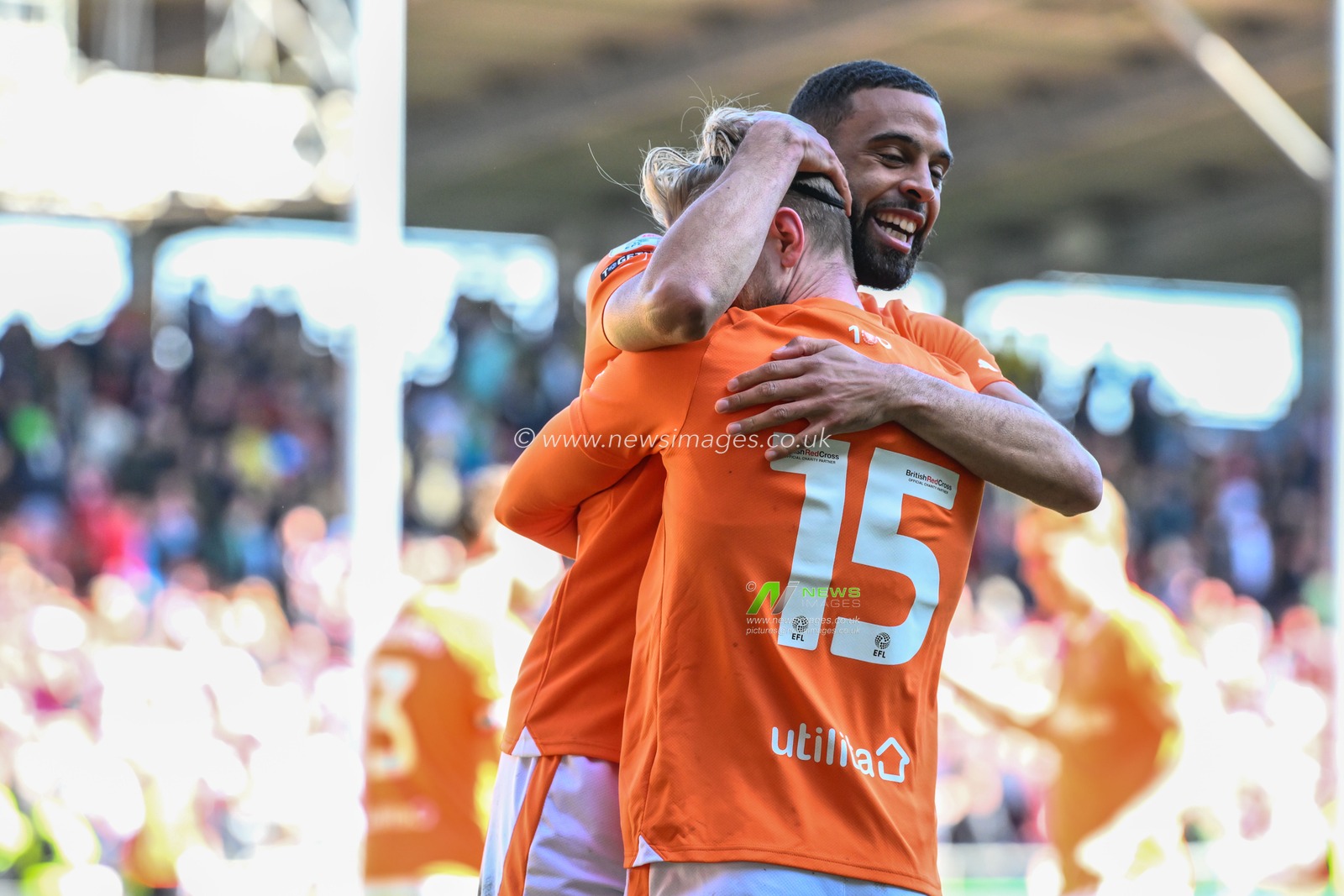 Hayden Coulson of Blackpool celebrates his goal to make it 3-0 with CJ Hamilton of Blackpool during the Sky Bet League 1 match Blackpool vs Barnsley at Bloomfield Road, Blackpool, United Kingdom, 20th April 2024

(Photo by Craig Thomas/News Images)
