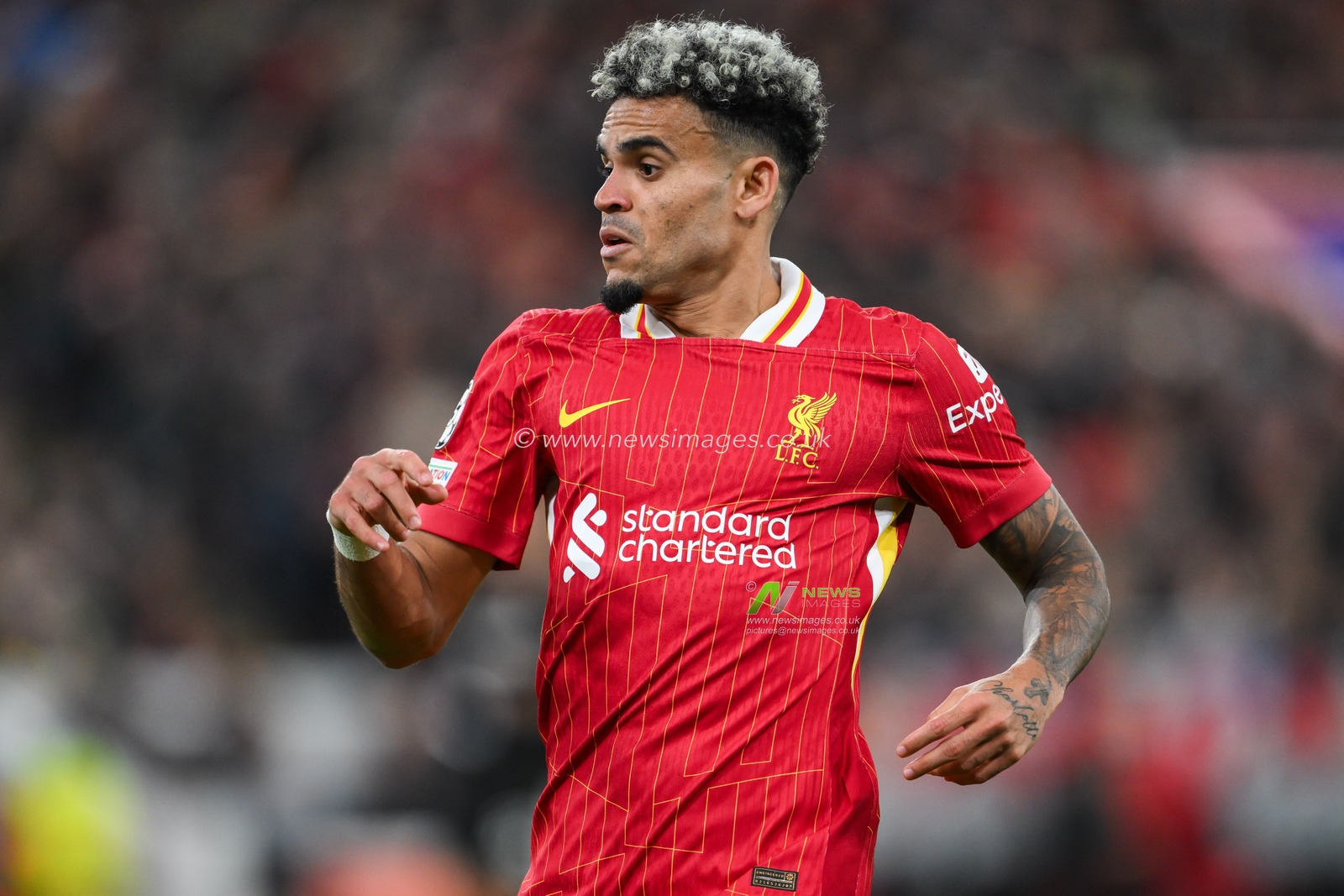 Luis Diaz of Liverpool looks on during the UEFA Champions League  - League Stage match Liverpool vs Bologna at Anfield, Liverpool, United Kingdom, 2nd October 2024

(Photo by Craig Thomas/News Images)